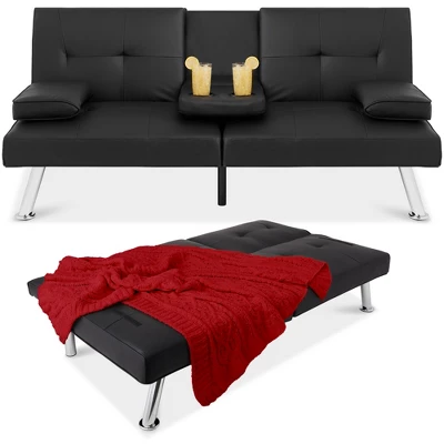 Best Choice Products Modern Faux Leather Convertible Futon Sofa W/ Removable Armrests, Metal Legs, 2 Cupholders - Image 7