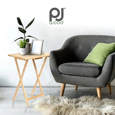 PJ Wood Rectangle Folding Portable TV Snack Serving Tray Table, Solid Wood Construction With Natural Finish, 2 Piece Set - Image 3