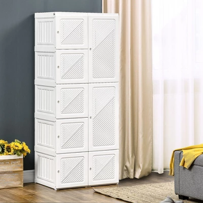 HOMCOM Portable Wardrobe Closet, Folding Bedroom Armoire, Clothes Storage Organizer With Cube Compartments, Hanging Rod, Magnet Doors, White - Image 2