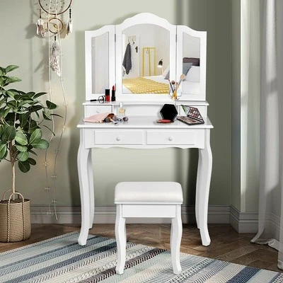 Costway Vanity Makeup Dressing Table Stool 4 Jewelry Wood Desk White - Image 2