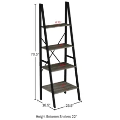 Lavish Home 4-Tier Ladder Bookshelf – Freestanding Industrial Style Wooden Shelving, Gray/Black