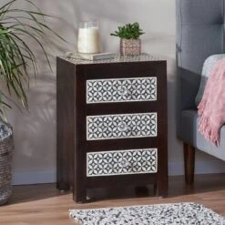 Benewah Handcrafted Boho 3 Drawer Mango Wood Nightstand Dark Walnut/Black/White - Christopher Knight Home