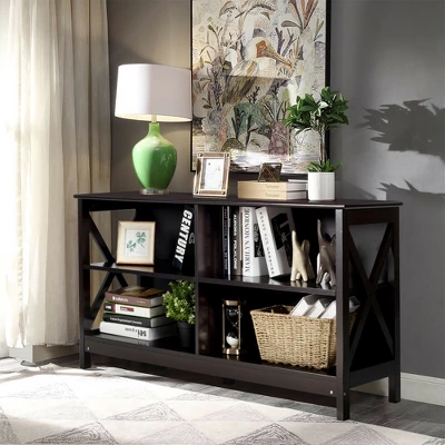 Costway TV Stand Entertainment Media Center For TV's Up To 55'' W/ Storage Shelves Brown/Gray/White - Image 2