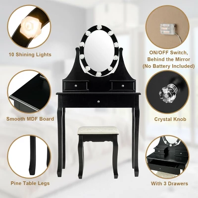 Costway Bedroom Vanity Set Makeup Dressing Table W/3 Drawers 10 LED Bulb Black - Image 8