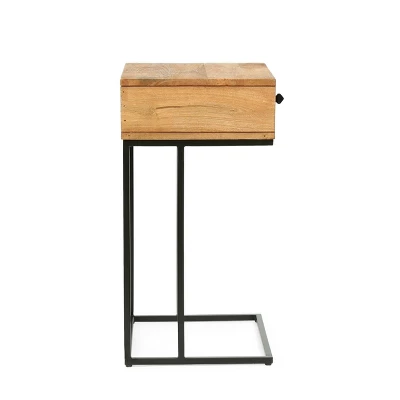 Gaudet Modern Industrial Handmade Mango Wood C Shaped Side Table With Drawer Natural/Black - Christopher Knight Home - Image 3