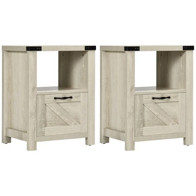 HOMCOM Farmhouse Side Table With 1 Drawer, 1 Open Shelf And Tabletop For Living Room, Set Of 2, Oak - Image 3
