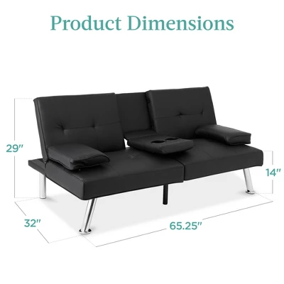 Best Choice Products Modern Faux Leather Convertible Futon Sofa W/ Removable Armrests, Metal Legs, 2 Cupholders - Image 6
