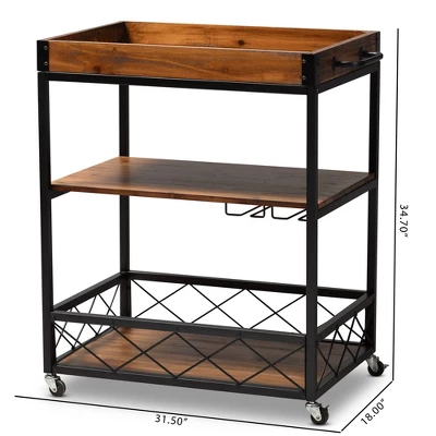 Capri Oak And Finished Mobile Metal Bar Cart With Stemware Rack Brown - Baxton Studio - Image 3