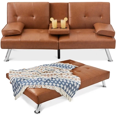 Best Choice Products Modern Faux Leather Convertible Futon Sofa W/ Removable Armrests, Metal Legs, 2 Cupholders - Image 9