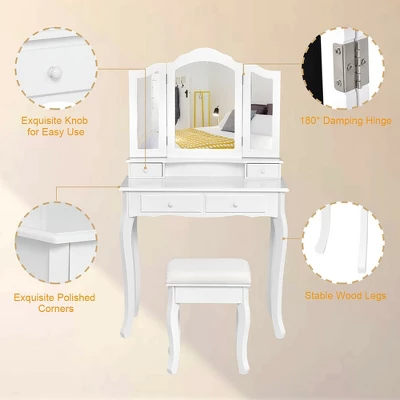 Costway Vanity Makeup Dressing Table Stool 4 Jewelry Wood Desk White - Image 7