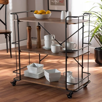 Neal Metal And Wood Kitchen Serving Cart Walnut/Black - Baxton Studio - Image 6