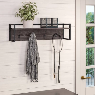 Afton 4 Hook Metal Frame Wall Shelf Woodgrain - RiverRidge Home