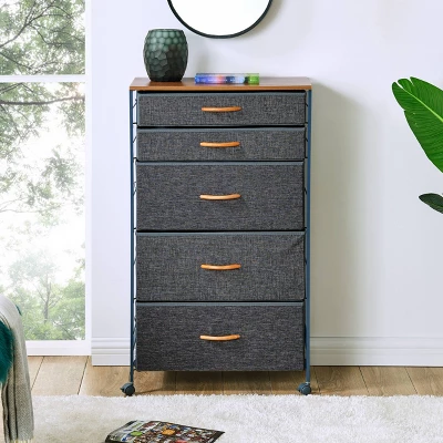 Fabric 5 Drawer Storage Dresser Chest With Caster Wheels Heather Gray - Danya B.