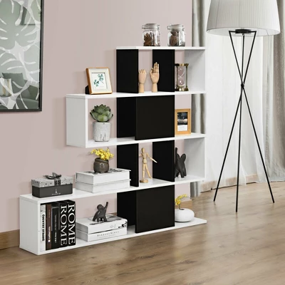 Costway 5-Tier Bookshelf Corner Ladder Bookcase Display Storage Rack Black White - Image 4