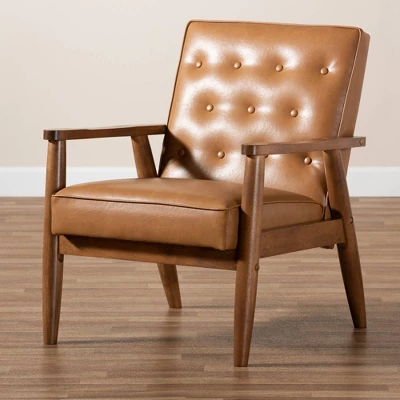Sorrento Mid-Century Faux Leather Upholstered Wood Lounge Chair Walnut/Brown - Baxton Studio - Image 7