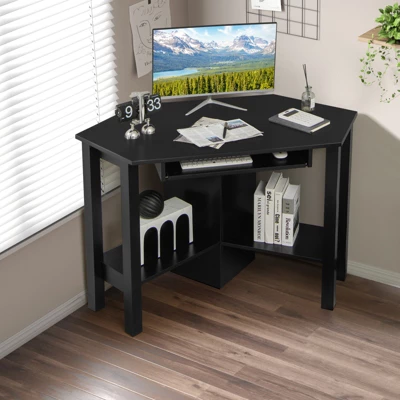 Costway Wooden Corner Desk With Drawer Computer PC Table Study Office Room Black - Image 3