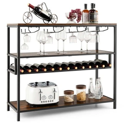 Costway Rustic Wine Rack Table 13 Bottles Wine Bar Cabinet Freestanding With Glass Holder - Image 8