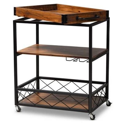 Capri Oak And Finished Mobile Metal Bar Cart With Stemware Rack Brown - Baxton Studio - Image 9