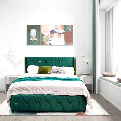 Costway Upholstered Platform Bed Frame Adjustable Headboard Footboard Modern Green - Image 3