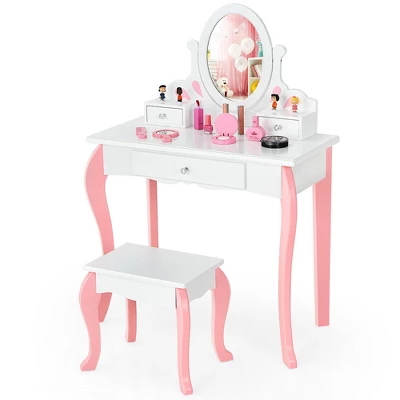 Costway Kids Vanity Princess Makeup Dressing Table Stool Set W/ Mirror Drawer - Image 10