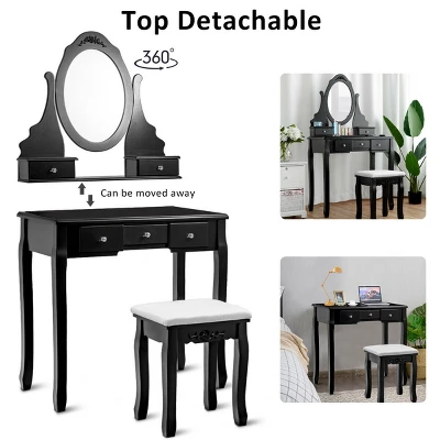 Costway Vanity Jewelry Wooden Makeup Dressing Table Set W/Stool Mirror & 5 Drawers Black - Image 5