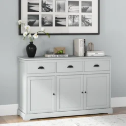 Costway 3 Drawers Sideboard Buffet Cabinet Console Table Kitchen Storage Cupboard Gray