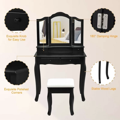 Costway Vanity Makeup Dressing Table Set W/Stool 4 Drawer&Mirror Jewelry Wood Desk Black - Image 7