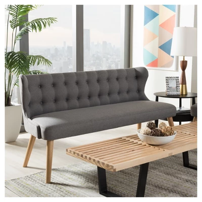 Melody Mid-Century Modern Fabric And Natural Wood Finishing 3 Seater Settee Bench Gray - Baxton Studio - Image 3