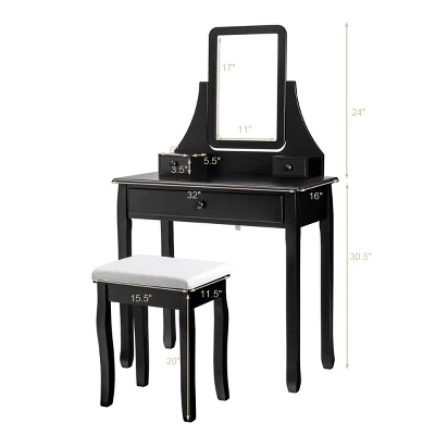 Costway Square Mirror Dressing Table Set Makeup Vanity For Bedroom, Living Room White/Black