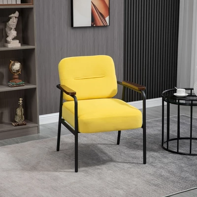 HOMCOM Modern Accent Chair With Cushioned Seat And Back, Upholstered Velvet Armchair For Bedroom, Living Room Chair With Arms And Steel Legs, Yellow - Image 2