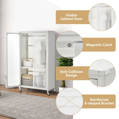 Costway Storage Wardrobe Cabinet Mobile Armoire Closet With Hanging Rod & Adjustable Shelf - Image 9