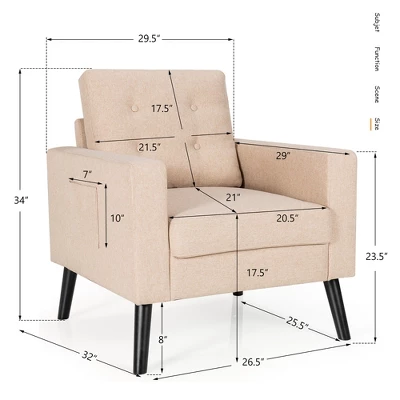 Costway Set Of 2 Accent Armchairs Upholstered Single Sofa Chairs W/ 2-Side Pockets - Image 3