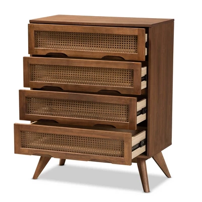 Barrett Wood And Synthetic Rattan 4 Drawer Chest Walnut Brown - Baxton Studio