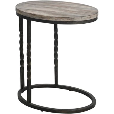 Uttermost Rustic Aged Steel Metal Oval Accent Side End Table 20" X 14" Ivory Acacia Wood Tabletop For Living Room Bedroom Bedside