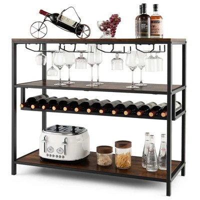 Costway Rustic Wine Rack Table 13 Bottles Wine Bar Cabinet Freestanding With Glass Holder - Image 9