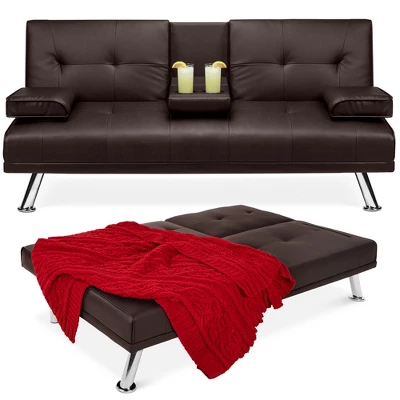 Best Choice Products Modern Faux Leather Convertible Futon Sofa W/ Removable Armrests, Metal Legs, 2 Cupholders - Image 8