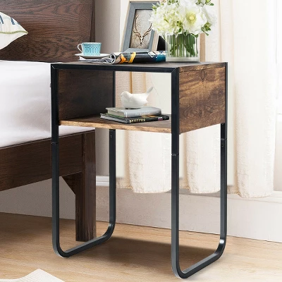 Costway Side Table Industrial Coffee Table W/Metal Frame Rustic End Table Nightstand - Image 4