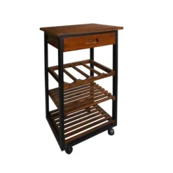 19" Solid Wood Rolling Kitchen Cart With Wine Rack And Drawer Dark Brown - Flora Home