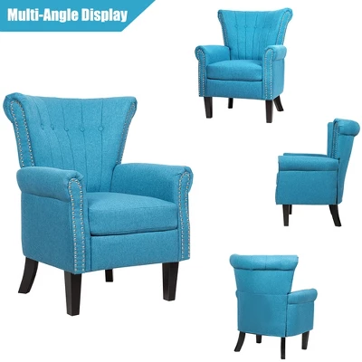 Costway Modern Tufted Upholstered Single Sofa W/ Rubber Wood Legs Blue GreyBeige - Image 6