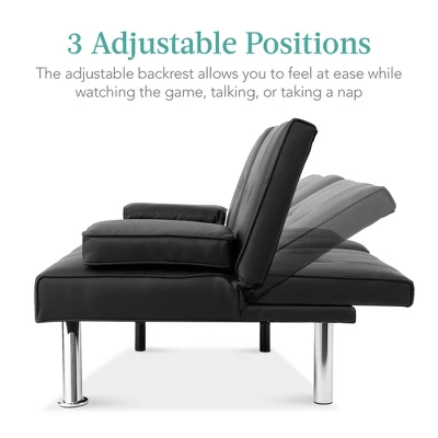 Best Choice Products Modern Faux Leather Convertible Futon Sofa W/ Removable Armrests, Metal Legs, 2 Cupholders