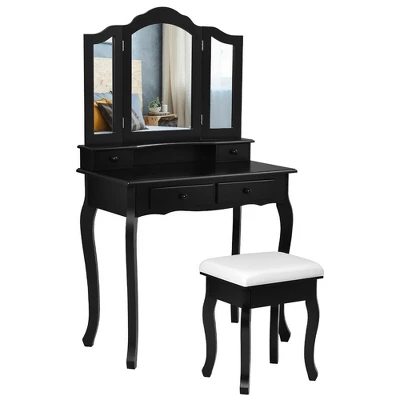 Costway Vanity Makeup Dressing Table Set W/Stool 4 Drawer&Mirror Jewelry Wood Desk Black - Image 9
