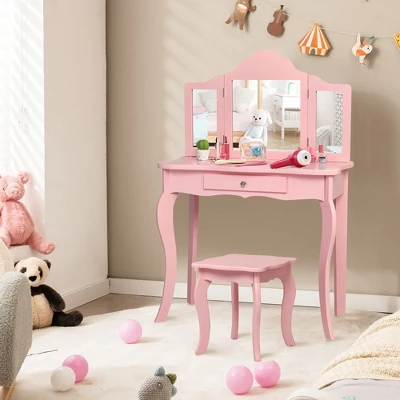 Costway Kids Vanity Table & Stool Princess Dressing Make Up Play Set For Girls Pink - Image 7