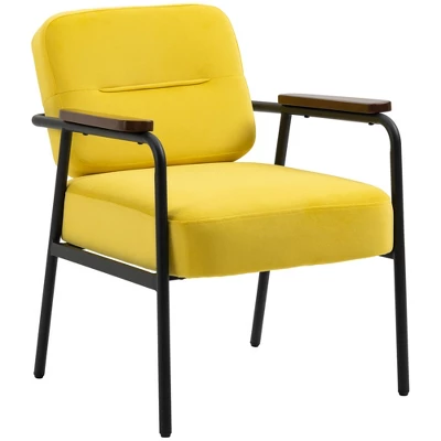 HOMCOM Modern Accent Chair With Cushioned Seat And Back, Upholstered Velvet Armchair For Bedroom, Living Room Chair With Arms And Steel Legs, Yellow - Image 3