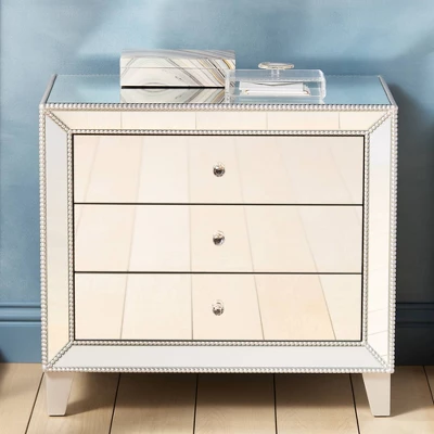 Studio 55D Modern Mirrored Accent Table 30" X 18" With Drawer Silver Beaded Trim For Living Room Bedroom Bedside Entryway House