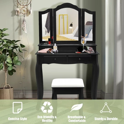 Costway Vanity Makeup Dressing Table Set W/Stool 4 Drawer&Mirror Jewelry Wood Desk Black - Image 6
