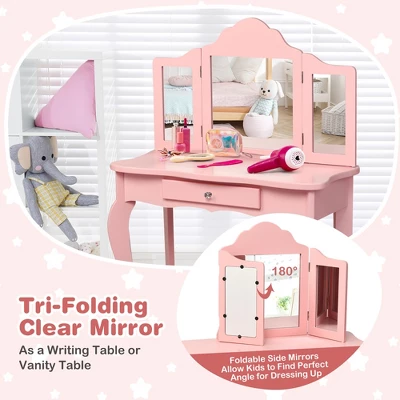 Costway Kids Vanity Table & Stool Princess Dressing Make Up Play Set For Girls Pink - Image 4