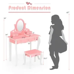 Costway Kids Vanity Princess Makeup Dressing Table Stool Set W/ Mirror Drawer