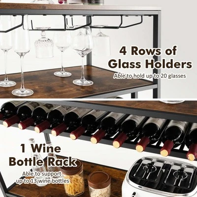 Costway Rustic Wine Rack Table 13 Bottles Wine Bar Cabinet Freestanding With Glass Holder - Image 4