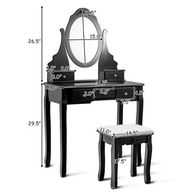 Costway Vanity Jewelry Wooden Makeup Dressing Table Set W/Stool Mirror & 5 Drawers Black - Image 2