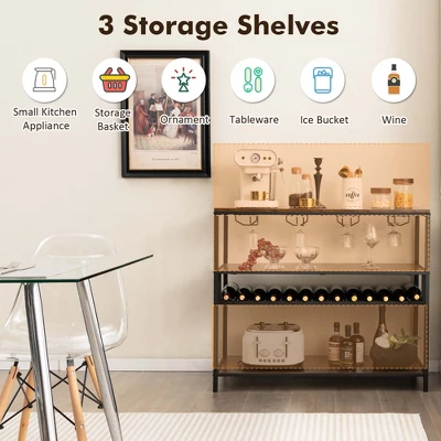 Costway Rustic Wine Rack Table 13 Bottles Wine Bar Cabinet Freestanding With Glass Holder - Image 5